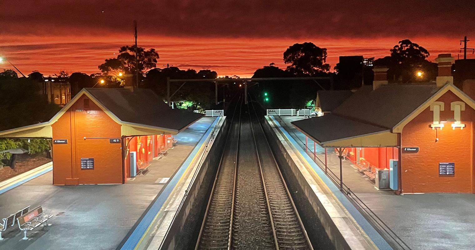 image of a train line going into the sunset